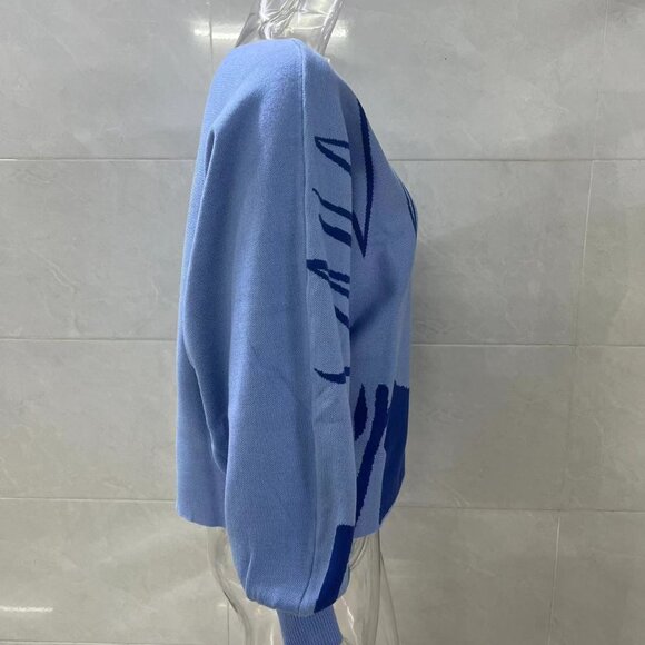 Modern Blue Abstract One Shoulder Pullover Sweater - Picture 3 of 4